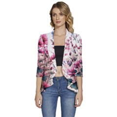 Flora Floral Flower Petal Women s 3/4 Sleeve Ruffle Edge Open Front Jacket