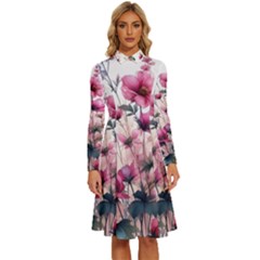 Flora Floral Flower Petal Long Sleeve Shirt Collar A-Line Dress