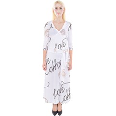 Seamless Pattern Coffee Text Quarter Sleeve Wrap Maxi Dress