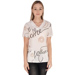 Seamless Pattern Coffee Text Women s V-neck Scrub Top