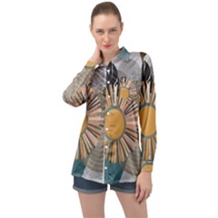 Boho Leaves Botanical Retro Vintage Long Sleeve Satin Shirt