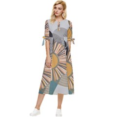 Boho Leaves Botanical Retro Vintage Bow Sleeve Chiffon Midi Dress