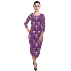 Skull Halloween Pattern Quarter Sleeve Midi Velour Bodycon Dress