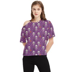 Skull Halloween Pattern One Shoulder Cut Out T-shirt