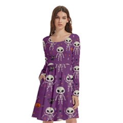 Skull Halloween Pattern Long Sleeve Knee Length Skater Dress With Pockets