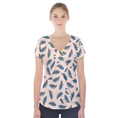 Background Palm Leaves Pattern Short Sleeve Front Detail Top