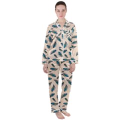 Background Palm Leaves Pattern Women s Long Sleeve Satin Pajamas Set	