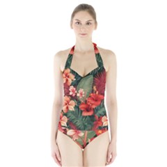 Tropical Flower Bloom Halter Swimsuit