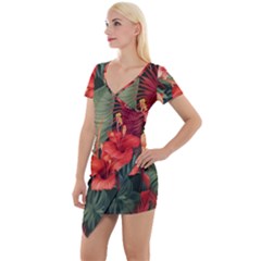 Tropical Flower Bloom Short Sleeve Asymmetric Mini Dress