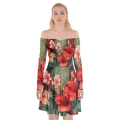 Tropical Flower Bloom Off Shoulder Skater Dress by Maspions