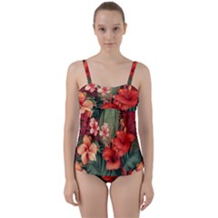 Tropical Flower Bloom Twist Front Tankini Set