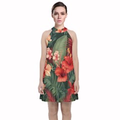 Tropical Flower Bloom Velvet Halter Neckline Dress 