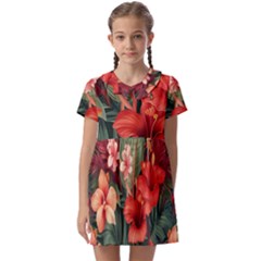 Tropical Flower Bloom Kids  Asymmetric Collar Dress by Maspions