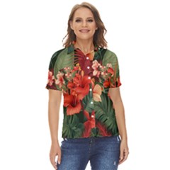 Tropical Flower Bloom Women s Short Sleeve Double Pocket Shirt
