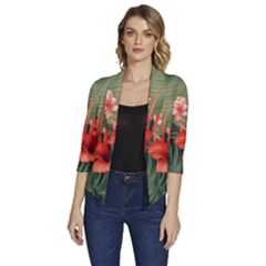 Tropical Flower Bloom Women s Draped Front 3/4 Sleeve Shawl Collar Jacket