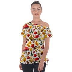 Mushroom Autumn Fall Off Shoulder Tie-up T-shirt