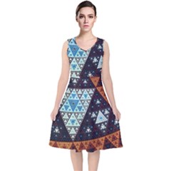 Fractal Triangle Geometric Abstract Pattern V-neck Midi Sleeveless Dress 