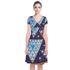 Fractal Triangle Geometric Abstract Pattern Short Sleeve Front Wrap Dress