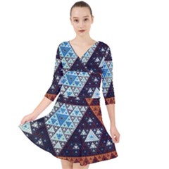 Fractal Triangle Geometric Abstract Pattern Quarter Sleeve Front Wrap Dress