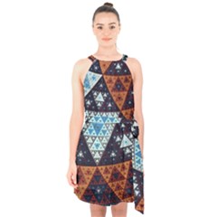 Fractal Triangle Geometric Abstract Pattern Halter Collar Waist Tie Chiffon Dress