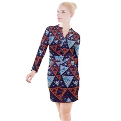 Fractal Triangle Geometric Abstract Pattern Button Long Sleeve Dress