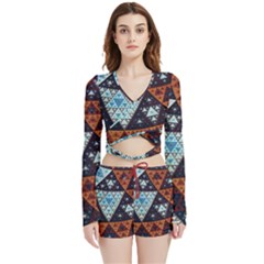 Fractal Triangle Geometric Abstract Pattern Velvet Wrap Crop Top And Shorts Set