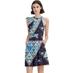 Fractal Triangle Geometric Abstract Pattern Cocktail Party Halter Sleeveless Dress With Pockets