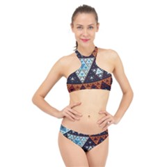 Fractal Triangle Geometric Abstract Pattern High Neck Bikini Set