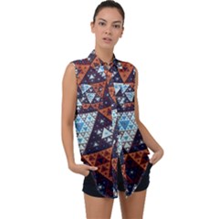 Fractal Triangle Geometric Abstract Pattern Sleeveless Chiffon Button Shirt