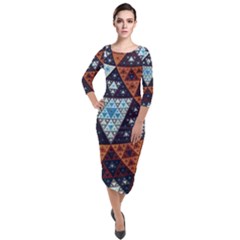 Fractal Triangle Geometric Abstract Pattern Quarter Sleeve Midi Velour Bodycon Dress
