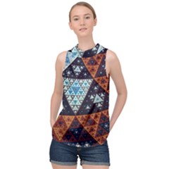 Fractal Triangle Geometric Abstract Pattern High Neck Satin Top