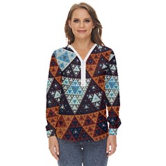 Fractal Triangle Geometric Abstract Pattern Zip Up Long Sleeve Blouse