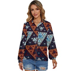Fractal Triangle Geometric Abstract Pattern Women s Long Sleeve Button Up Shirt