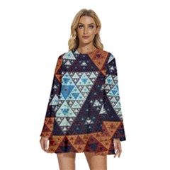 Fractal Triangle Geometric Abstract Pattern Round Neck Long Sleeve Bohemian Style Chiffon Mini Dress