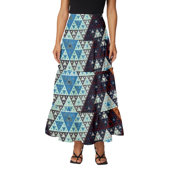 Fractal Triangle Geometric Abstract Pattern Tiered Ruffle Maxi Skirt