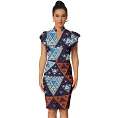 Fractal Triangle Geometric Abstract Pattern Vintage Frill Sleeve V-neck Bodycon Dress