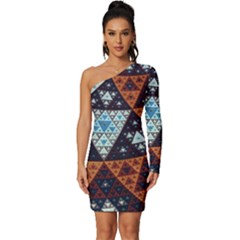 Fractal Triangle Geometric Abstract Pattern Long Sleeve One Shoulder Mini Dress