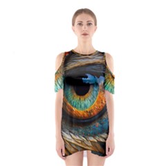 Eye Bird Feathers Vibrant Shoulder Cutout One Piece Dress