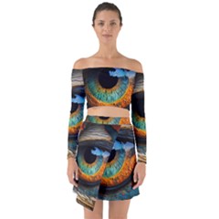 Eye Bird Feathers Vibrant Off Shoulder Top With Skirt Set