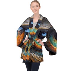 Eye Bird Feathers Vibrant Long Sleeve Velvet Kimono  by Hannah976