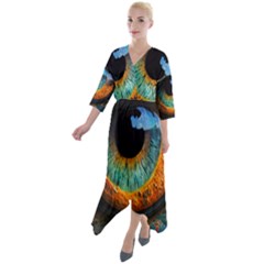 Eye Bird Feathers Vibrant Quarter Sleeve Wrap Front Maxi Dress