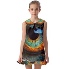 Eye Bird Feathers Vibrant Kids  Pilgrim Collar Ruffle Hem Dress