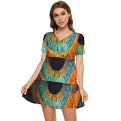 Eye Bird Feathers Vibrant Tiered Short Sleeve Babydoll Dress by Hannah976