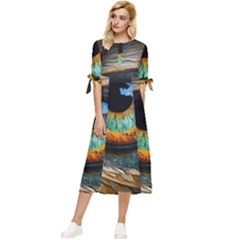 Eye Bird Feathers Vibrant Bow Sleeve Chiffon Midi Dress