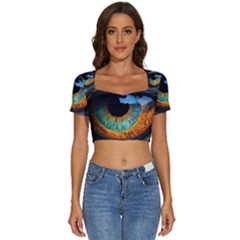 Eye Bird Feathers Vibrant Short Sleeve Square Neckline Crop Top 