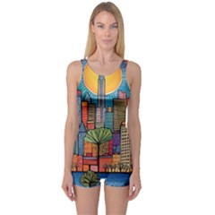 City New York Nyc Skyscraper Skyline Downtown Night Business Urban Travel Landmark Building Architec One Piece Boyleg Swimsuit