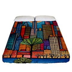 City New York Nyc Skyscraper Skyline Downtown Night Business Urban Travel Landmark Building Architec Fitted Sheet (queen Size)
