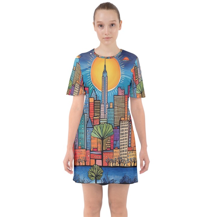 City New York Nyc Skyscraper Skyline Downtown Night Business Urban Travel Landmark Building Architec Sixties Short Sleeve Mini Dress