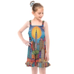 City New York Nyc Skyscraper Skyline Downtown Night Business Urban Travel Landmark Building Architec Kids  Overall Dress