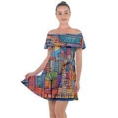 City New York Nyc Skyscraper Skyline Downtown Night Business Urban Travel Landmark Building Architec Off Shoulder Velour Dress